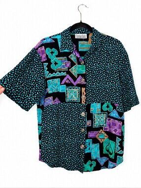 Vintage 90s Connections Abstract Geometric Patchwork Button Front Blouse Large